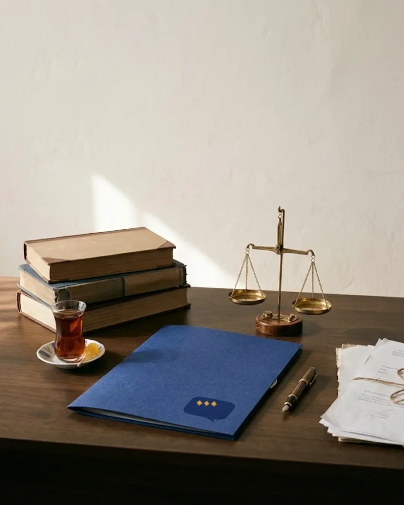 میز وکیل با ترازوی برنجی، کتابها و پوشه لاجوردی